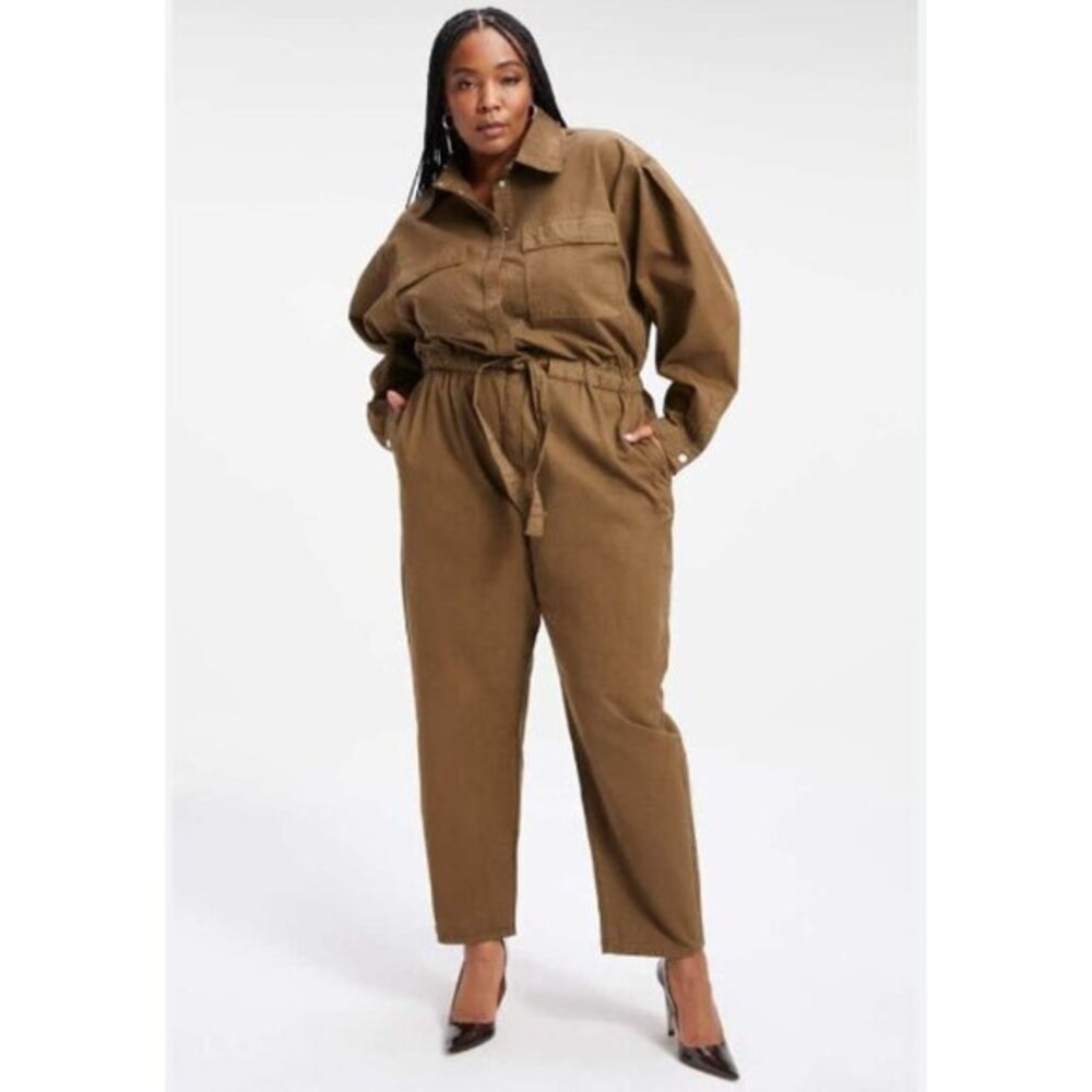Good American Jumpsuit Cinched Elasticized Long-Sleeve Jumpsuit in Fog SZ 5 NWT